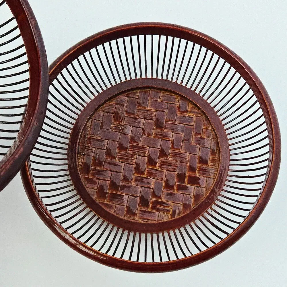 Vintage Japanese Handwoven Bamboo Lacquered Wagashi Basket w/ Lid Cricket Cage